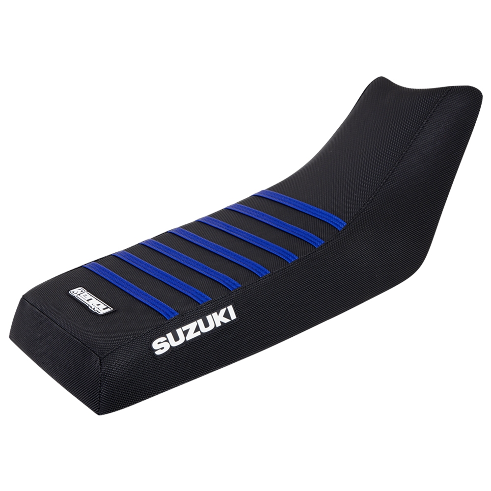 Quad-Sitzbankbezug-Suzuki-Schwarzes-Top-Schwarze-Seiten-Blaue-Rippen Housse de siège quad adaptée pour Suzuki – Bild 1