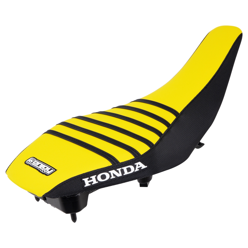 Quad-Sitzbankbezug-Honda-Gelbes-Top-Schwarze-Seiten-Schwarze-Rippen Quad Sitzbankbezug passend für Honda – Bild 1