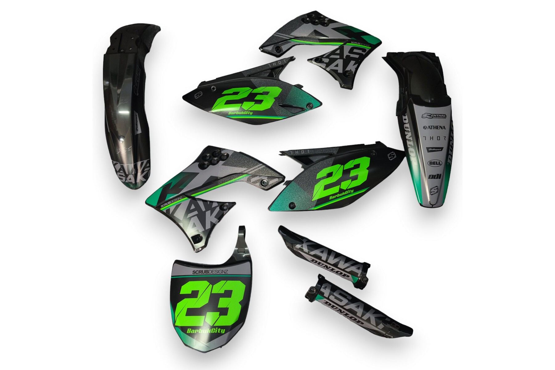Dekor Kawasaki auf Plastiks beklebt für MX und Enduro Modelle 02 Dekor auf Plastiks beklebt für MX und Enduro Modelle passend für Kawasaki – Bild 1