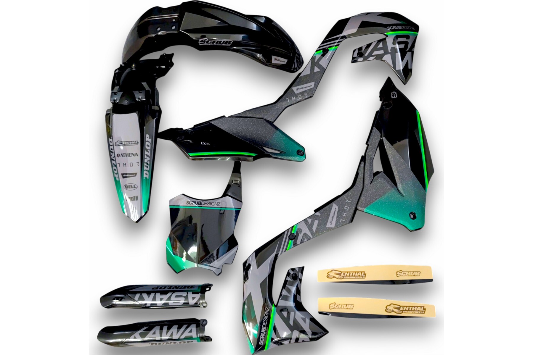 Dekor Kawasaki auf Plastiks beklebt für MX und Enduro Modelle 05 Dekor auf Plastiks beklebt für MX und Enduro Modelle passend für Kawasaki – Bild 1