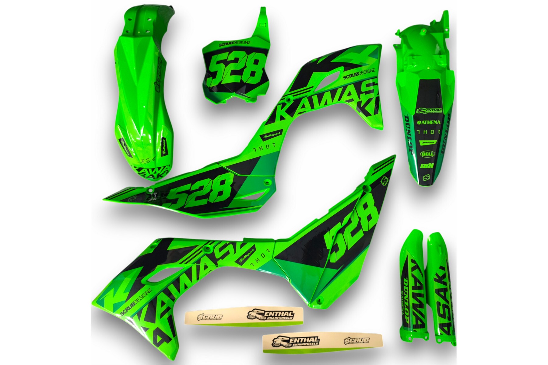 Dekor Kawasaki auf Plastiks beklebt für MX und Enduro Modelle 08 Dekor auf Plastiks beklebt für MX und Enduro Modelle passend für Kawasaki – Bild 1