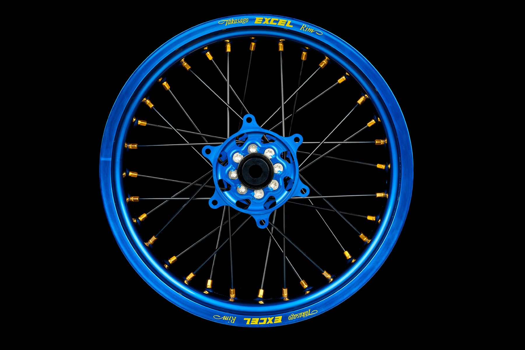 Supermoto-Radsatz-Excel-G2-Series-blau-blau-gold-1 Excel Felgensatz G2 Series | Supermoto Felgen | Blau – Radnabe 2 farbig – Bild 1
