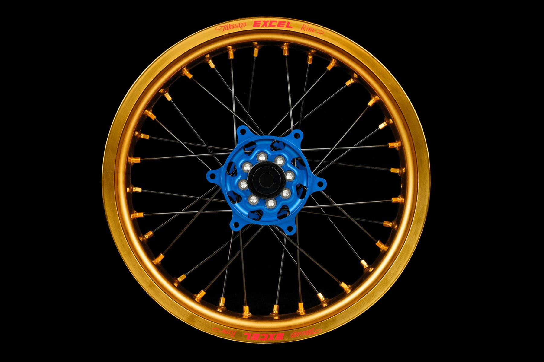 Supermoto-Radsatz-Excel-G2-Series-gold-gold-blau-1 Excel Felgensatz G2 Series | Supermoto Felgen | Gold – Radnabe 2 farbig – Bild 1