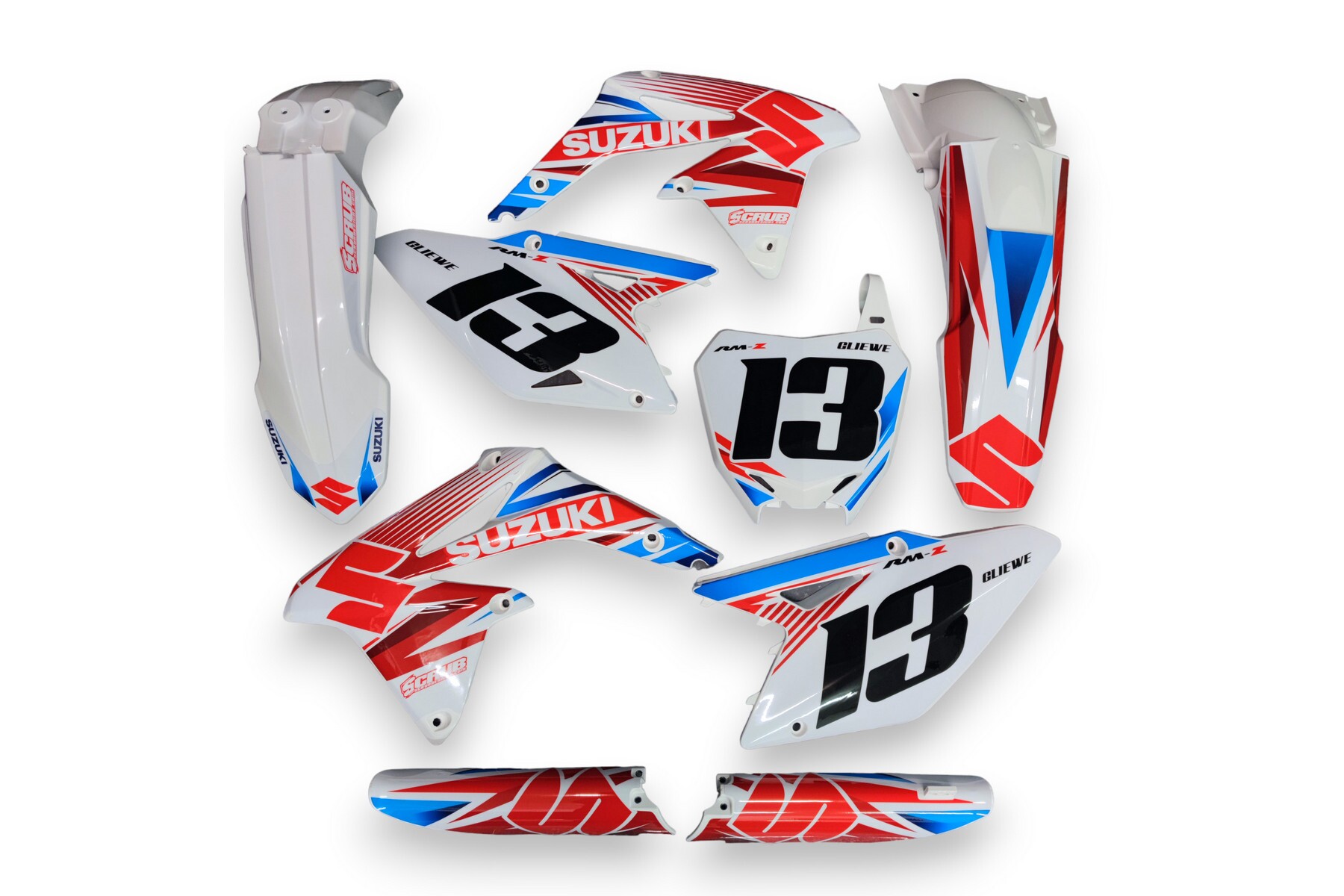 Dekor Suzuki auf Plastiks beklebt für MX und Enduro Modelle 01 Dekor auf Plastiks beklebt für MX und Enduro Modelle passend für Suzuki – Bild 1