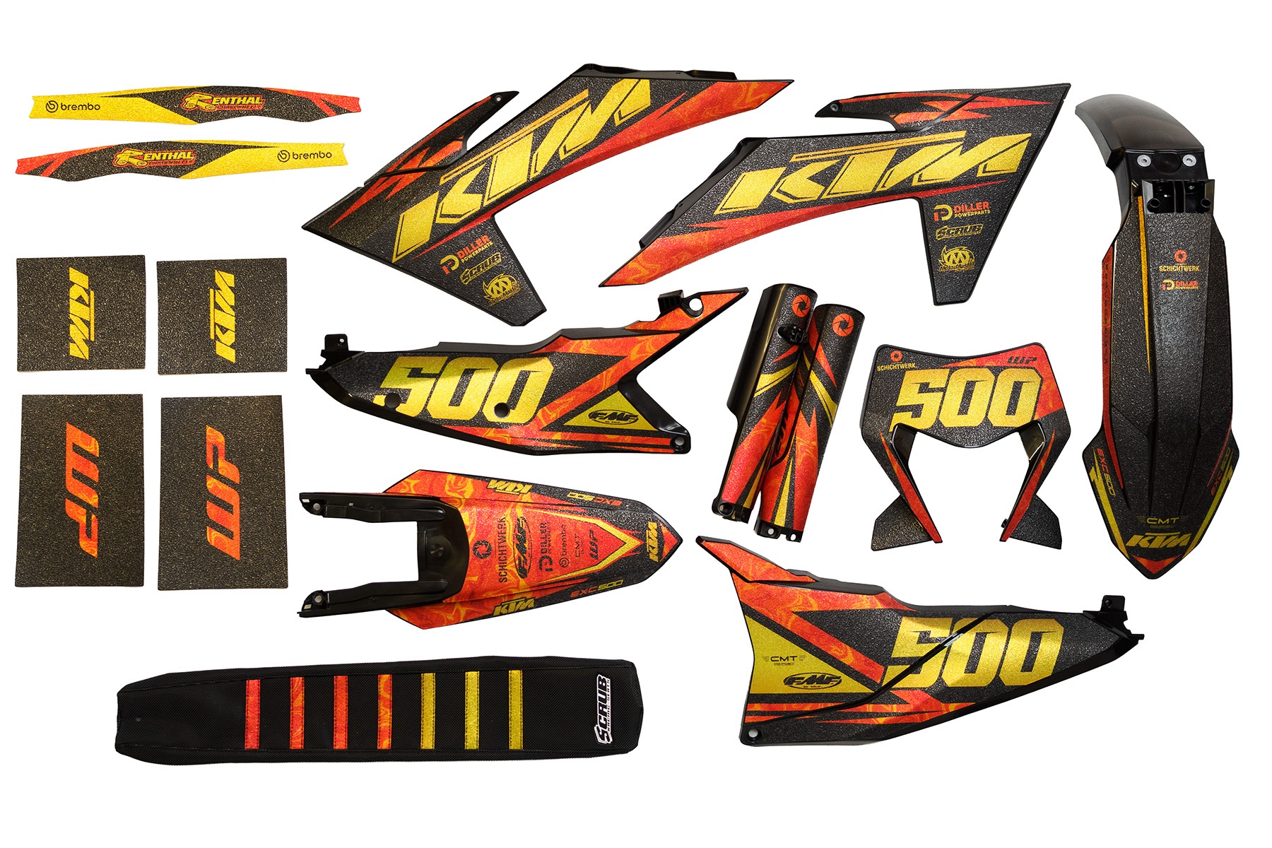 Dekor auf Plastiks beklebt für MX & Enduro Modelle passend für KTM inkl. Sitzbankbezug und Gabelschutz – Set